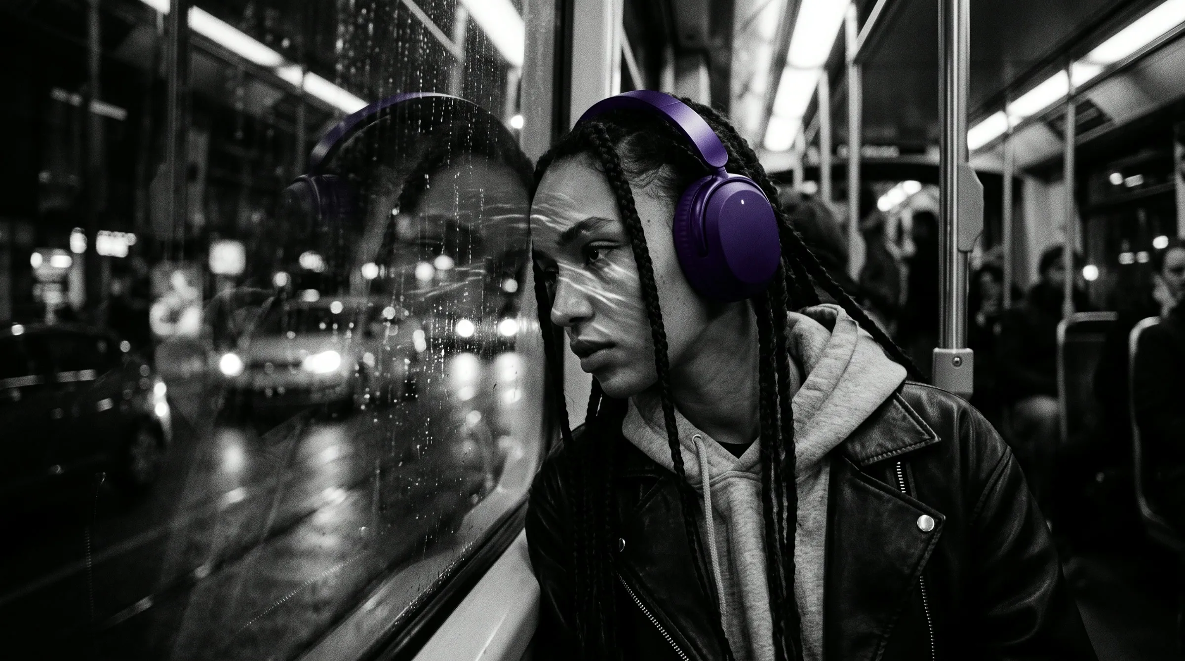 A model in violet Still headphones looks out of a rain-streaked tram window at night