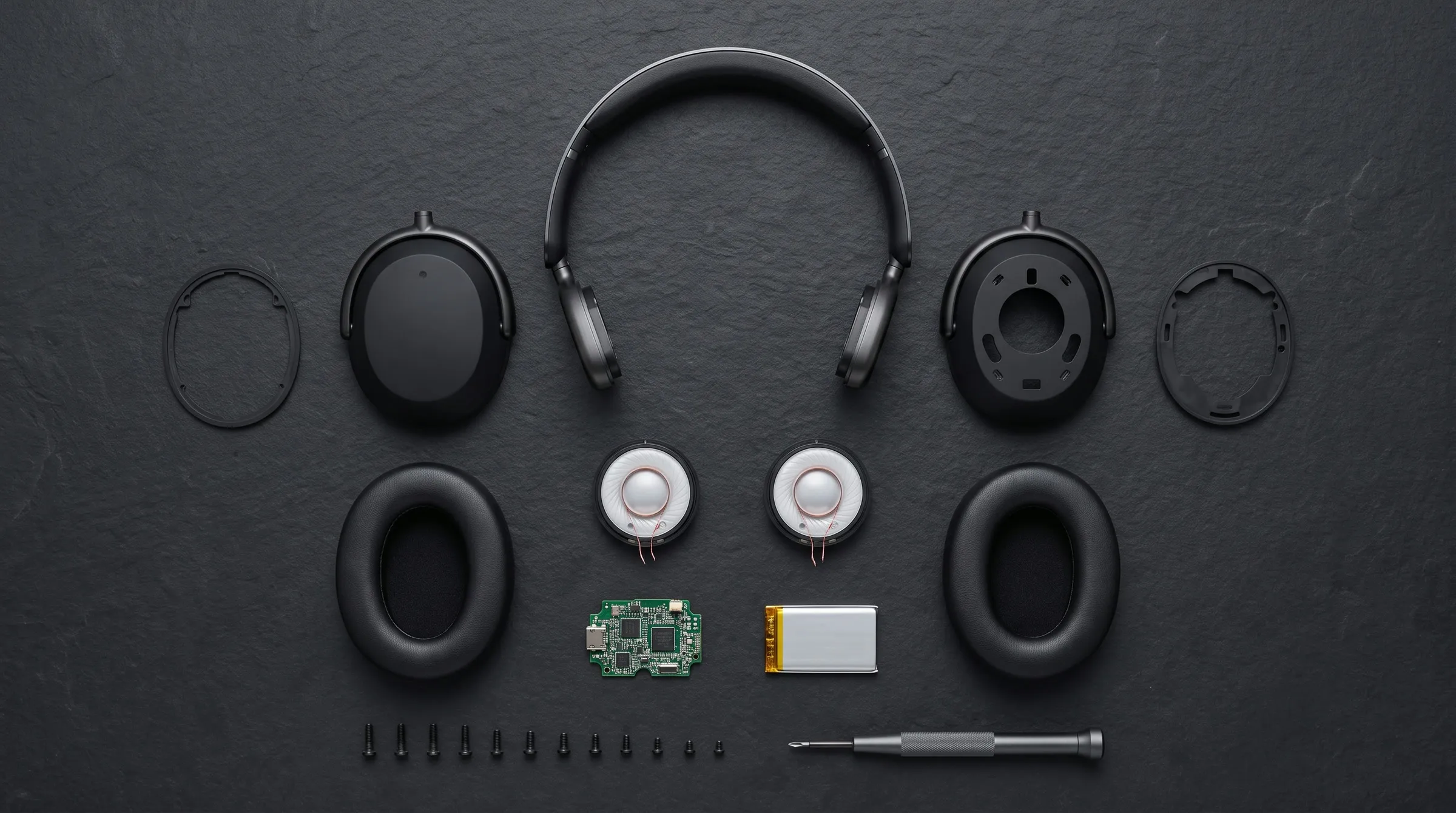 The parts of a pair of Still headphones laid out in a grid on a dark slate workbench